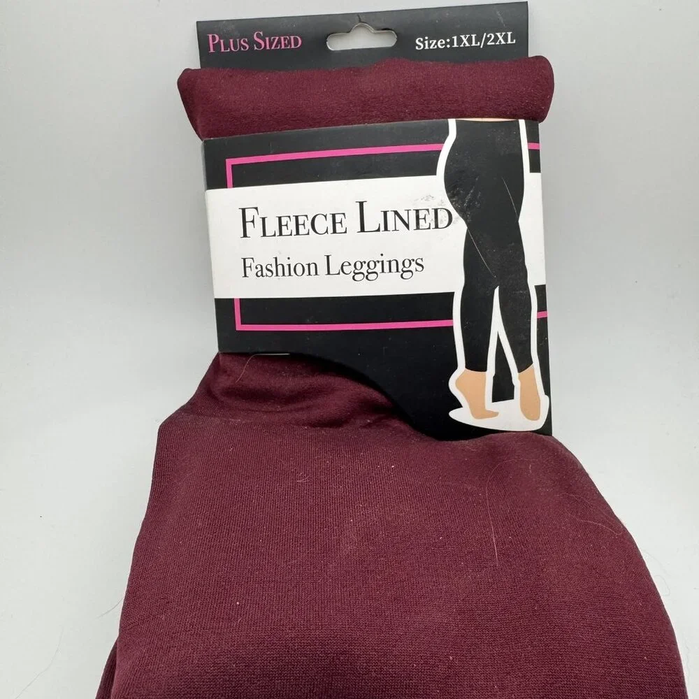 Plus Size 1XL/2XL Fleece Lined Leggings Women's Burgundy Warm Winter Fashion